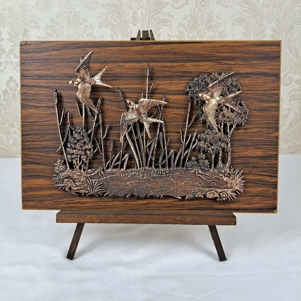 Birds in Flight, Copper on Wood with Wooden Easel or Wall Hanging Vintage